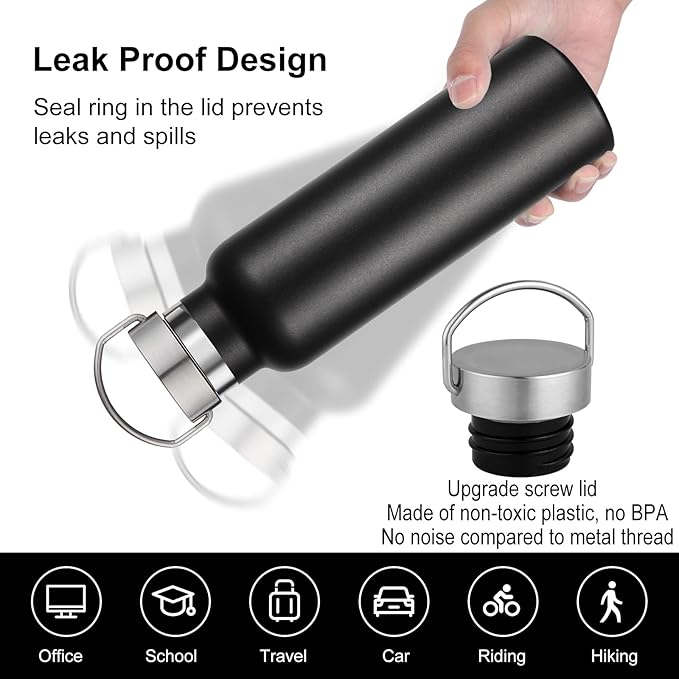 Neihepal 20 oz Insulated Water Bottles,Stainless Steel Double Wall Sport Bottle with Lid of Handle (8, Black)