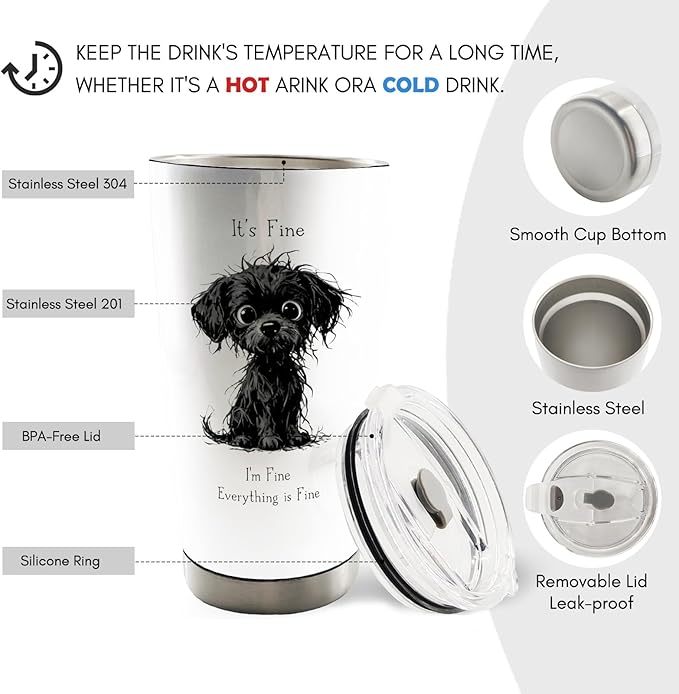 Funny Black Dog 20oz Travel Coffee Mug Tumbler, Dog Lovers Gifts for Women Men, It's Fine Everything Is Fine Funny Stainless Steel Tumbler with Lid and Straw