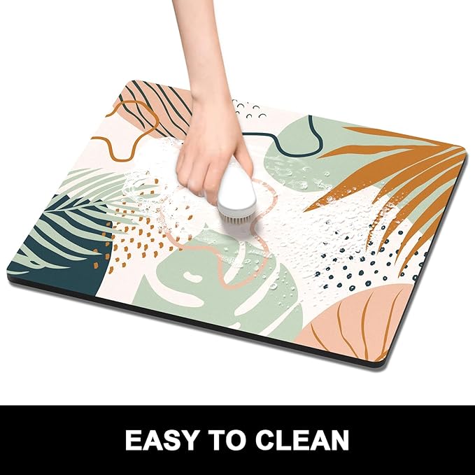 Rnivvi Dish Drying Mat for Kitchen Counter, 16 x 18" Cute Boho Theme Absorbent Heat Resistant Drying Pad with Non-slip Rubber, Coffee Bar Mats for Coffee Machine Dish Rack, Tropical Leaves