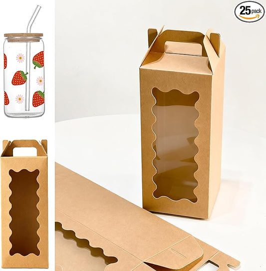 25Pcs Tumbler Gift boxes for glass cup with Handle for 16oz 18oz 20oz Sublimation Glass, Cup boxes for packaging 16oz,Tumbler Packaging Boxes with window for gifts,Water bottle gift boxes（Brown）
