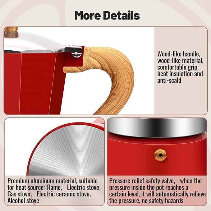 Vaolvpant 12 Cup Aluminum Moka Pot Classic Stovetop Espresso Coffee Maker 600ml 20oz Coffeemaker Percolator Mocha Pot Greca Coffee Maker Cafe Makers for Italian and Cuban Café Brewing Red