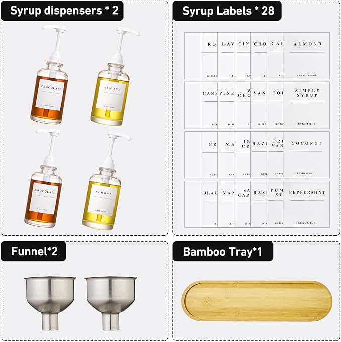 Coffee Syrup Dispenser for Coffee Bar, Coffee Syrup Pump Dispenser, Glass Syrup Bottle with White Upgraded Pump, 4 Pack 16.9 oz 500 ml Syrup Dispensers, 28 Labels and Bamboo Tray