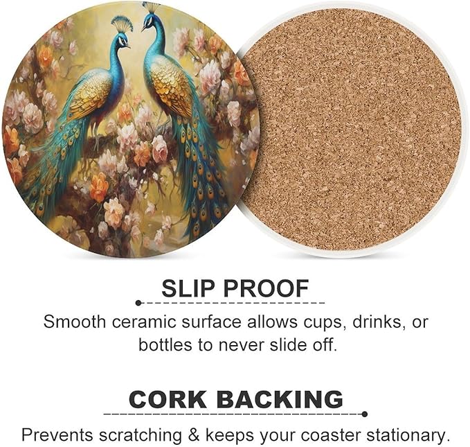 Round-6PCS Peacock Ceramic Coasters, Round Absorbent Drink Coasters, Vintage Art Beautiful Plant Floral Green Peacock Ceramic Table Coasters for Coffee, Beverage, Wine, Beer Coasters
