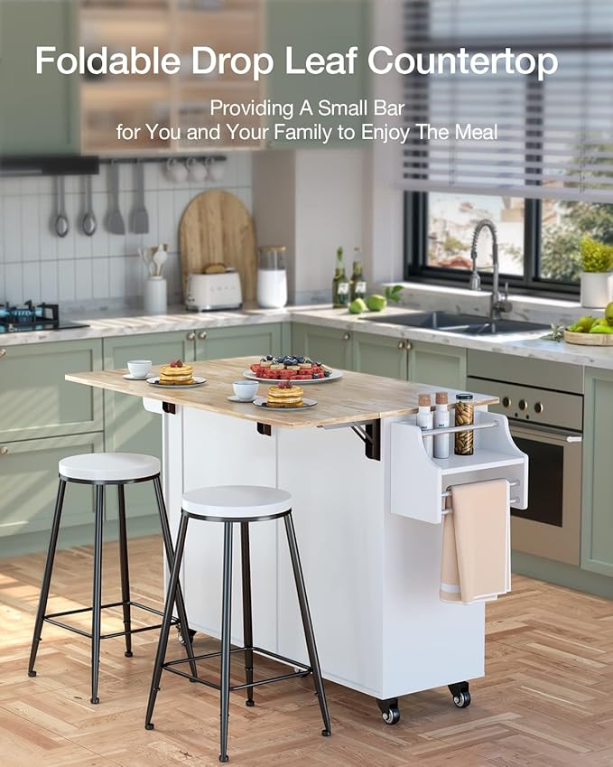 Kitchen Island on Wheels Kitchen Cart with Rubber Wood Top, Mobile Kitchen Island with Double Storage Cabinet and Drawers, Island Table for Kitchen (White)