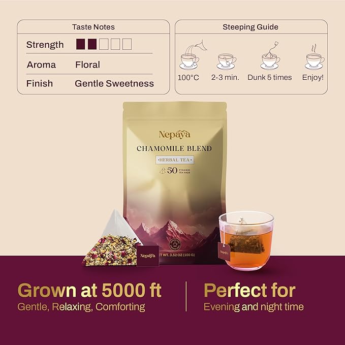 Nepaya Chamomile Herbal Tea Bags – 50 Count Pyramid Bags, Himalayan Chamomile & Lemongrass Blend, Biodegradable, Caffeine-Free Sleep Tea for Relaxation and Bedtime Calm from Nepal