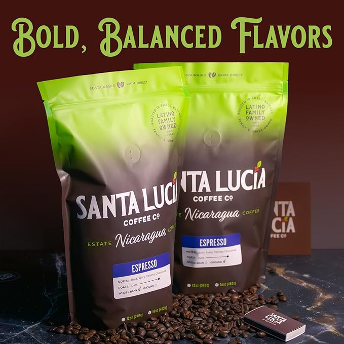 Santa Lucia Coffee Café Crema Espresso Roast Coffee - Specialty Volcanic Nicaraguan Espresso Roast - Farm-Direct, Low-Acid - Dense Golden Crema - 91-Point, Small-Batch - Ground - 16oz (Pack of 1)