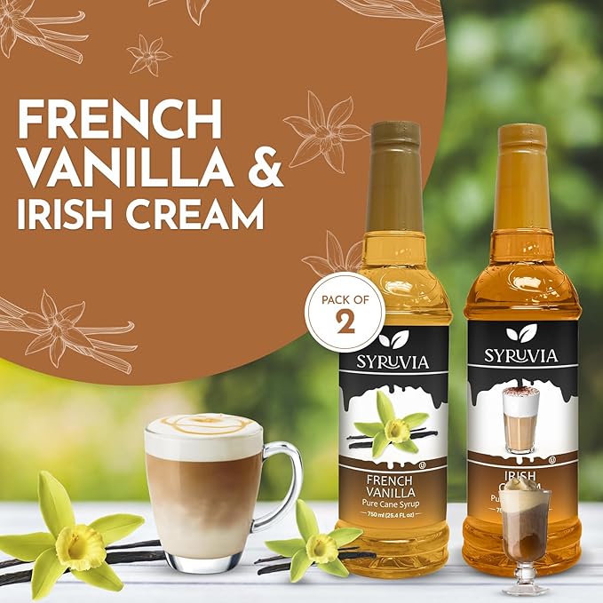 Syruvia Coffee Syrup Variety Pack - French Vanilla & Irish Cream- Gluten-Free, Kosher, 25.4 fl oz Bottles - Enhance Your Coffee Experience with Premium Flavoring Syrups