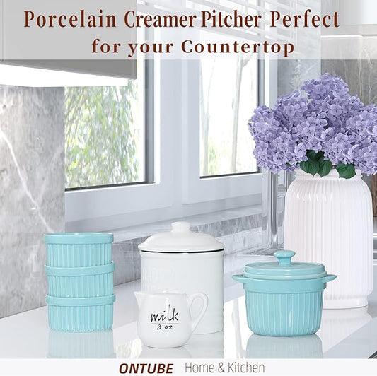 Creamer Pitcher with Handle,Ceramics Milk Creamer Container for Milk,Coffee,Sauce,Microwave Safe, White (12-Ounce, Set/1)