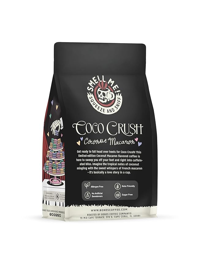 Bones Coffee Company Coco Crush, Coconut Macaron Flavored Coffee, Medium Roast Low Acid Arabica Beans Compatible with Auto drip and French Press Coffee Maker, 12 Oz Ground