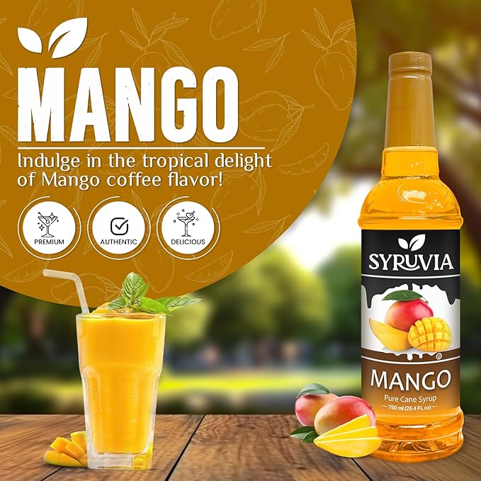 Syruvia Mango Syrup, Flavored Syrup for Drinks, Cocktails, Lemonades, Iced Teas, and Desserts – 25.4 fl oz