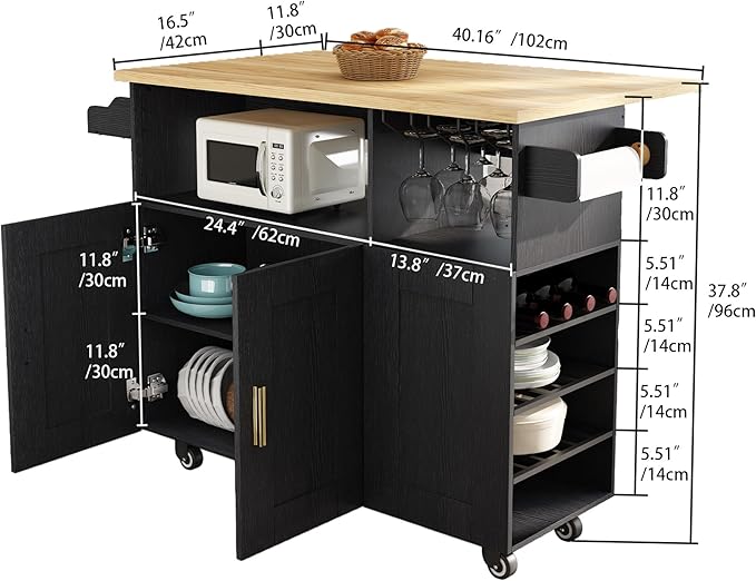 Rolling Mobile Kitchen Island with Storage and Drop Leaf, Island Table with Countertop Power Socket and Wheel (Black, Model 1.2)
