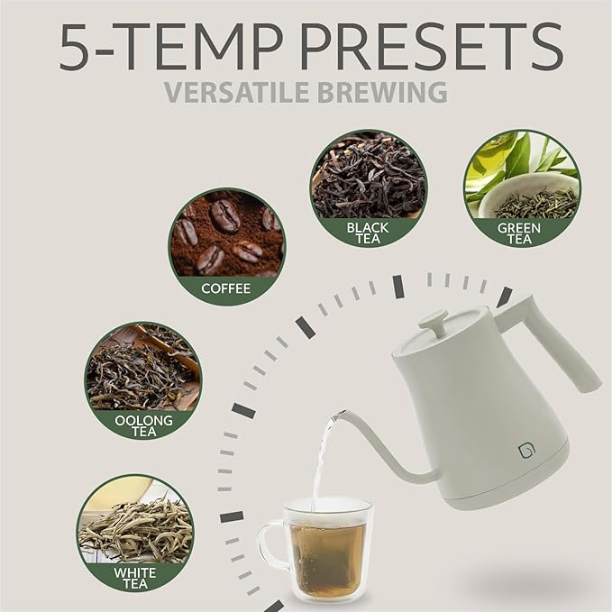 WILLOW ECO SERIES Gooseneck Electric Kettle with 5 Temperature Presets and Keep Warm Feature, 1L Pour Over Kettle for Coffee & Tea, 1200W Quick Heating with 100% Stainless Steel Interior Water Heater