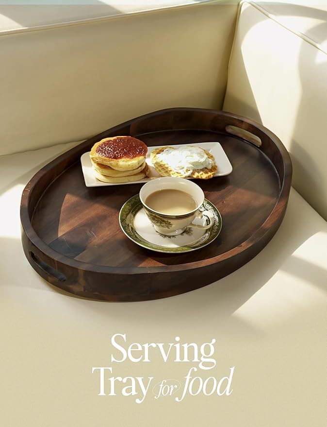 Acacia Oval Wooden Serving Tray with Handless - 16.5" x 13" Ottoman Table Oval Wooden Tray - Round Serving Tray - Ottoman Tray for Living Room, Coffee Table Decor, Serving Platter, Walnut color
