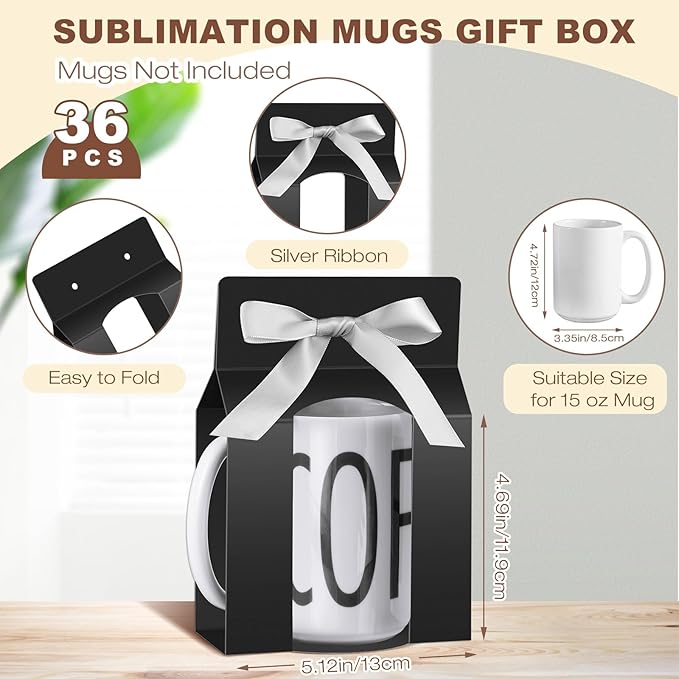 Kosiz 36 Pcs Mug Boxes Sublimation Coffee Mugs Gift Bags with Window Packaging Storage Box for Shipping Selling Wedding Valentines Gift Packaging Wrapping (for 15oz Mug,Black,Silver)