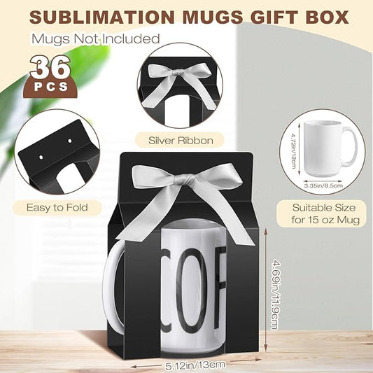 Kosiz 36 Pcs Mug Boxes Sublimation Coffee Mugs Gift Bags with Window Packaging Storage Box for Shipping Selling Wedding Valentines Gift Packaging Wrapping (for 15oz Mug,Black,Silver)