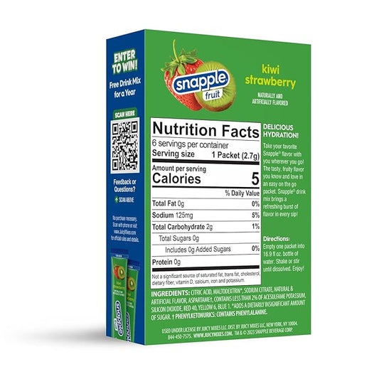 Snapple Kiwi Strawberry Powder Drink Mix - 12 Boxes of 6 Powder Sticks, 72 Sticks Total | Sugar Free | On-the-Go Hydration for Refreshing Beverages
