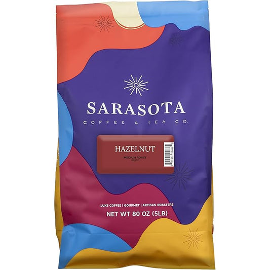 Sarasota Coffee Ground Hazelnut | Medium Roast Gourmet Flavored Coffee Grounds | Low Acid, Mold Free, Specialty Grade, Flavored Bulk Ground Coffee | 5lb (80 oz)