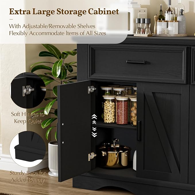 56" Large Wooden Buffet Cabinet with Storage, Modern Coffee Bar and Wine Bar, Wave Base Design, Multi-Purpose Buffet Table with Charging Station for Dining Room, Kitchen or Living Room, Black