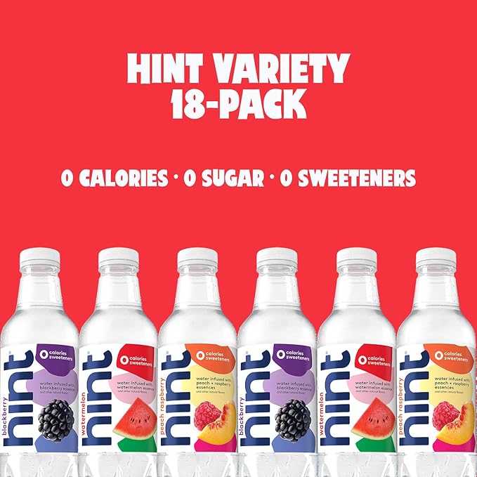 Hint Fruit-Infused Flavored Bottled Water, 3-Flavor Mega Variety Pack - Purified Water Beverages with Zero Calories, Natural Flavors, and Sugar Free - 16 Fl Oz (Pack of 18)