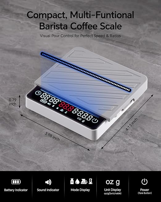 MUVNA Digital Coffee Scale with Timer - Mini Espresso Scale with Flow Rate Indicator & Brew Ratio, 4 Smart Modes Rechargeable 2kg/0.1g Precision Scale for Pour Over, Kitchen, Matcha, White