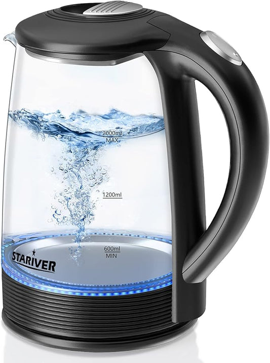 Stariver Electric Kettle, BPA-Free Glass Tea Kettle with LED, 2L Hot Water Kettle with Fast Boil, Auto Shut-Off & Boil-Dry Protection, Stainless Steel Inner Lid & Bottom, Black