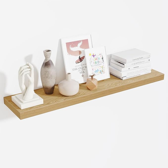 Fun Memories 48 Inch Floating Shelves for Wall - 10 Inch Deep Fireplace Mantel Shelf - Wood Floating Shelves for Wall - Large Storage Shelf Wall Mount for Living Room & Bedroom - Oak - Set of 1