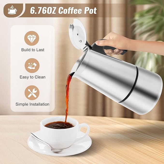 Stovetop Espresso Maker, Stainless Steel Moka Pot Coffee Pot Mocha Greca Machine Maker Multifunctional Moka Pot for Home and Camping (4 Cup)