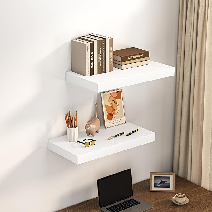 Dreamland 24" Floating Shelves for Wall, 12" Deep Thicker White Floating Shelves, Wall-Mounted Shelves for Bedroom, Living Room, Kitchen, Bathroom - Set of 2