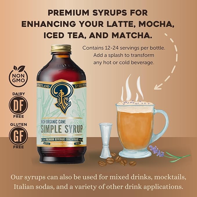 Portland Syrups Organic Cane Simple Syrup - Drink Mix for Exceptional Cocktails, Sugar for Drinks, for Coffee, Mocktails, Baking, 12 oz, 24 Servings - Pack of 1