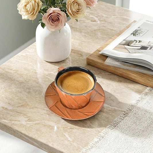 MyBudsBuzz Ceramic Espresso Cups with Saucers 6 oz,Coffe Cups for Cappuccino,Latte,Tea with Saucers Set of 4 - Geometry - Brown