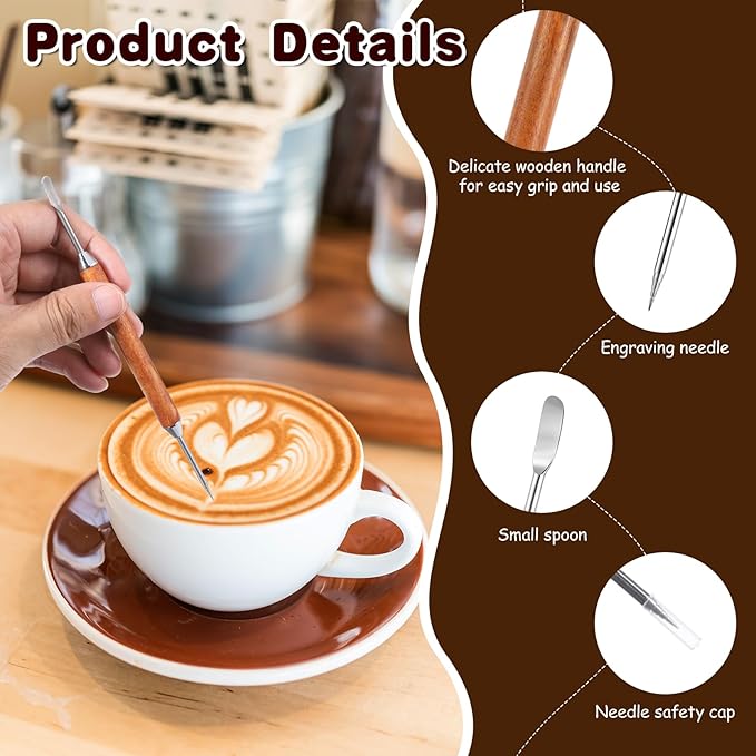2 Pack Latte Art Pen, Stainless Steel Coffee Drawing Tool with Wood Handle, Barista Tools for Espresso Designs, Home and Cafe Use
