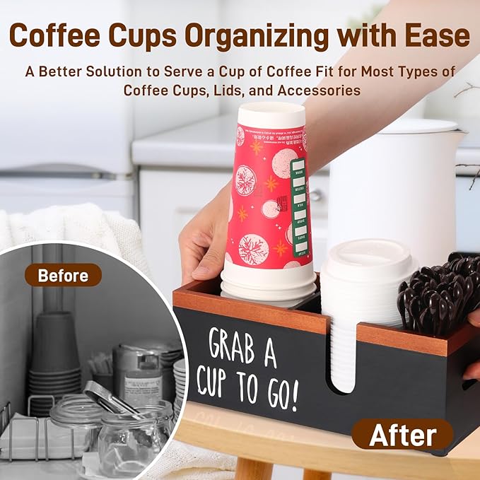 100% Wooden Coffee Cups Holder with U-Shape Cutout Design for Countertop-Coffee Bar Organizer for Cups, Lids, Pods, Stirrers, and Accessories, Great Gift for Home or Office