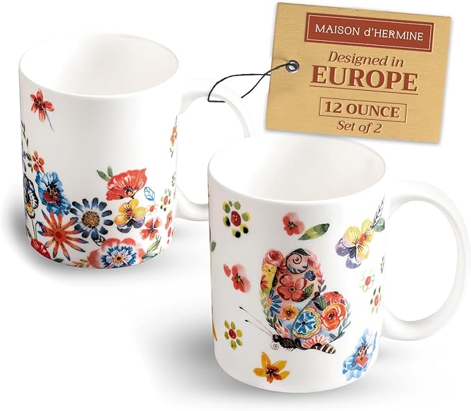 Maison d' Hermine Coffee Mug with Handles Fine Bone China Mugs Pack of Two Tea Cups for Hot Beverages Cappuccino Latte Home Restaurant Office Perfect for Gift (Happy Florals - High Summer, 12 Ounce)