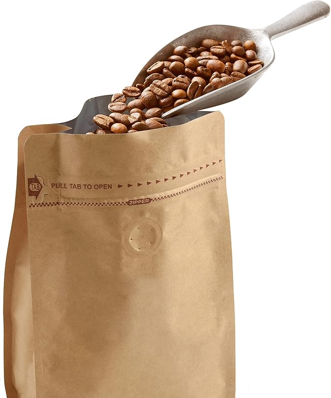 100 Count 12 Ounces Kraft Paper Coffee Bags - High Barrier Kraft & Foil Liner - Flat Bottom Coffee Pouches with Degassing Valve, Food Storage Bags with Rsealable Zipper & Easy Open Tape (100pcs,