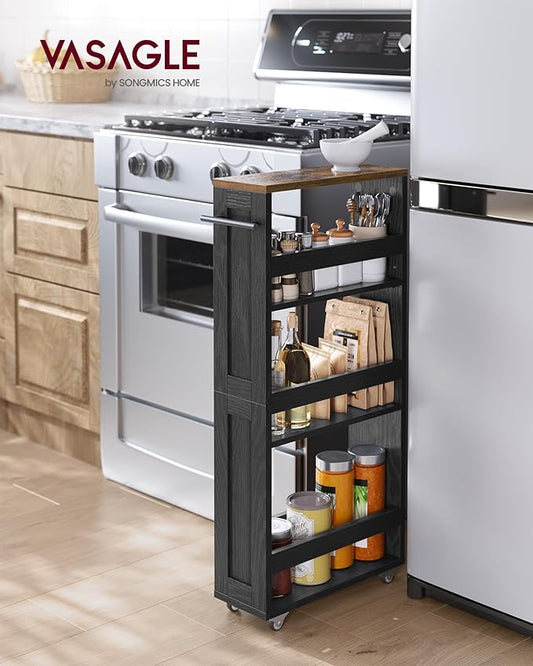 VASAGLE 4-Tier Slide-Out Storage Cart, Slim Kitchen Cart for Small Spaces, with Wheels, Handle, Bathroom, Laundry Room, 5.9 x 17 x 34.1 Inches, Ebony Black and Rustic Brown ULRC050K02