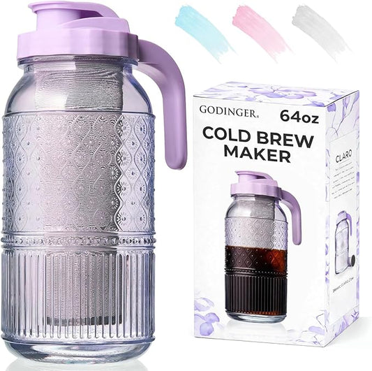 Cold Brew Coffee Maker 64 oz – Airtight Glass Mason Jar Pitcher Brewer with Leak-Proof Lid & Handle, Wide Mouth Iced Coffee Maker, Vintage Kitchen Decor - Lavender