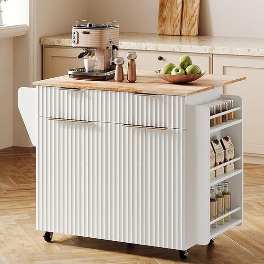 VINGLI Fluted Kitchen Island with Storage, Rolling Kitchen Cart on Wheels with 2 Drawers & 4 Doors, Adjustable Shelves, Portable Kitchen Island with Rubber Wood Top, White
