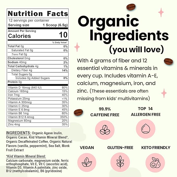 Kiid Coffee - 99.9% Caffeine-Free Organic Coffee for Kids - As Seen on Shark Tank - 12 Vitamins & Minerals, 4g Prebiotics, 0g Sugar - Non-GMO & Gluten-Free - Healthy Snack - Minty Mocha - 12 Servings