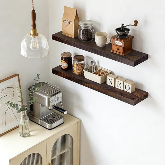 Floating Wall Shelf 36x6.8x1.7 Inch – Solid Wood Shelf in Walnut Finish – Heavy Duty Wall Mounted Rustic Display Shelf for Living Room, Kitchen, Bedroom, Hallway – Set of 2