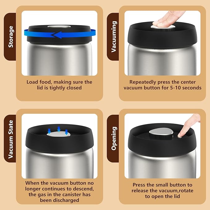 Coffee Vacuum Canister,800ml/10.7oz Stainless Steel Coffee bean Container,Food Storage Container with Airtight Lid,Push Out Excess Air Preserve Food Freshness