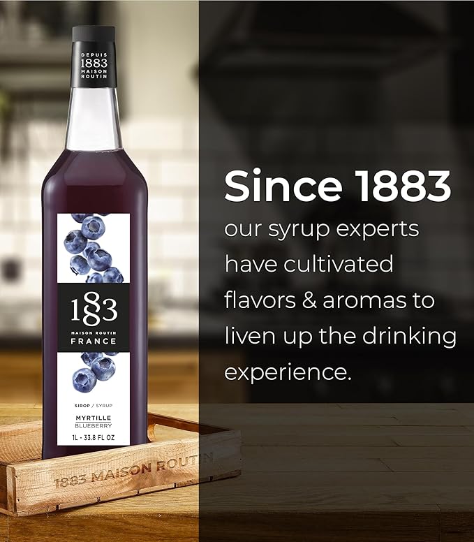1883 Blueberry Syrup for Drinks, Made in France, 1 Liter Glass Bottle