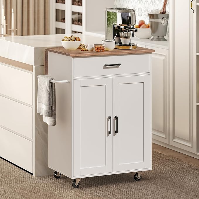 Kitchen Island on Wheels with Drop Leaf, Folding Countertop Kitchen Island Cart, Kitchen Island Table with Towel Rack, Drawer, for Kitchen, Dining Room, White and Walnut KIBZ12501