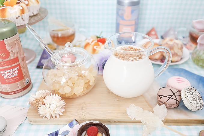 Teabloom Stain-free & Odor-free Borosilicate Glass Sugar and Creamer Set - Tea or Coffee Serving Set Includes Cream Pitcher, Sugar Bowl with Lid and Spoon (Serves up to 5-6 People)