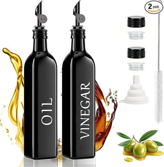 Oil and Vinegar Dispenser Set of 2, 17oz/500ml Extra Thick Glass Oil & Vinegar Cruet with Stainless Steel Pourer, Leak‑Proof Spout, Funnel & Cleaning Brush for Kitchen Cooking (Black)