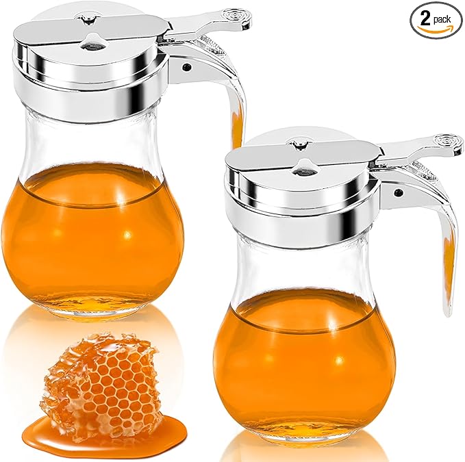2Pcs 8oz Syrup Dispenser Honey Pot Glass Honey Dispenser Jar, Maple Syrup Dispenser, Honey Container, Commercial Quality With Handle Honey Dispenser for Home Kitchen Storage (1, Plain weave 2 pack)