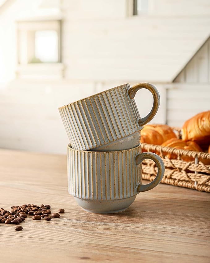HASENSE Coffee Mug Ceramic Set of 4 with Stand - 15 oz Stackable Large Porcelain Ribbed Latte Cup Set for Cappuccino, Tea, Hot Cocoa, Drinks - Dishwasher & Microwave Safe, Lavender Gray