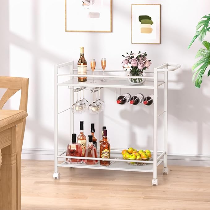 Bar Cart,Home Bar Serving Cart with Storage Shelves, 2 Tier Rolling Beverage Cart with Wheels, Modern Elegant White Wine Cart with Wine Rack and Glass Holder for Kitchen, Dinning Room,Living Room