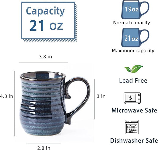 21 oz Large Ceramic Coffee Mugs, Handmade Cup with Large Handle, Big Tea and Coffee Cups for Office and Home, Microwave and Dishwasher Safe (Blue Green)