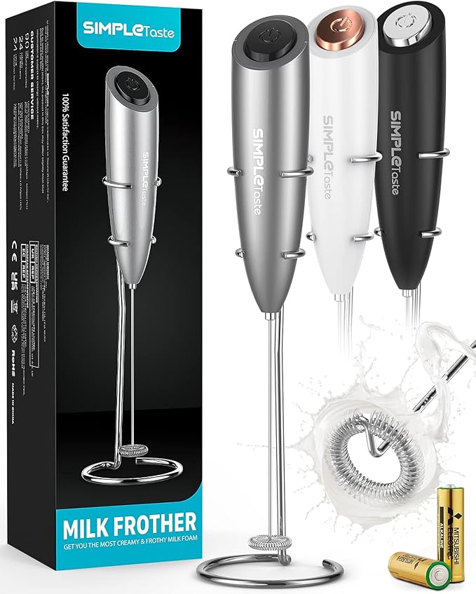 SIMPLETaste Milk Frother Handheld Battery Operated Electric Foam Maker, Drink Mixer with Stainless Steel Whisk and Stand for Cappuccino, Bulletproof Coffee, Latte