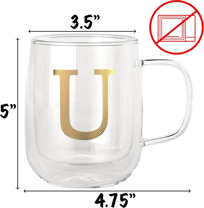 COLLECTIVE HOME - Double Walled Glass Coffee Mugs, Insulated Coffee Mug with Handle, Personalized Gifts for Women, Men, Christmas, 14 oz Monogram Cups (U)